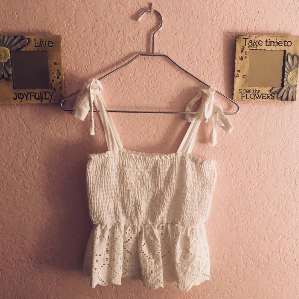 ‼️SOLD‼️ White Smocked Cropped Eyelet Tank